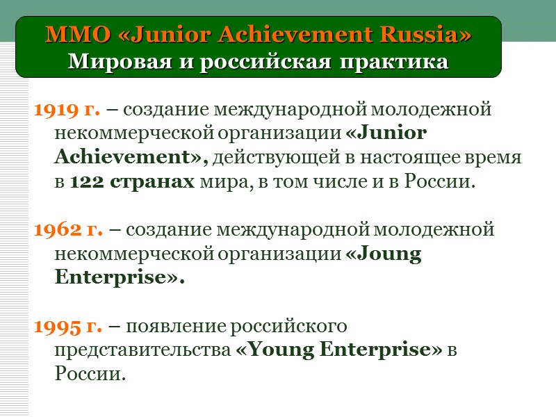 1919 г. – создание международной молодежной некоммерческой организации «Junior Achievement», действующей в настоящее время